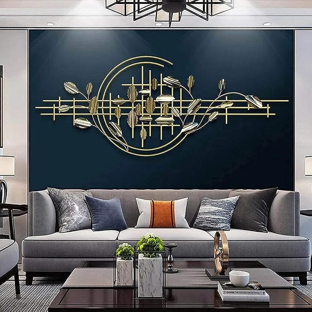 Golden Grids & Leaves - Modern Abstract Metal Wall Sculpture