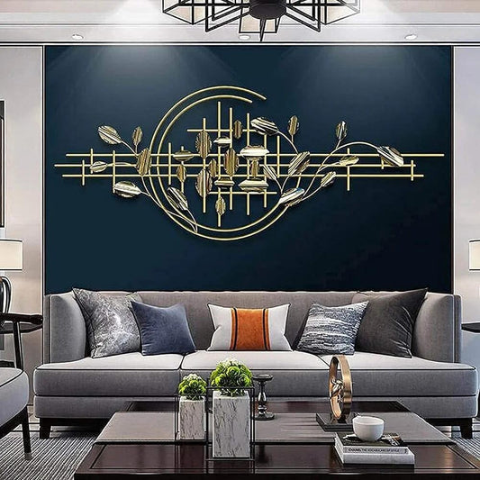 Golden Grids & Leaves - Modern Abstract Metal Wall Sculpture