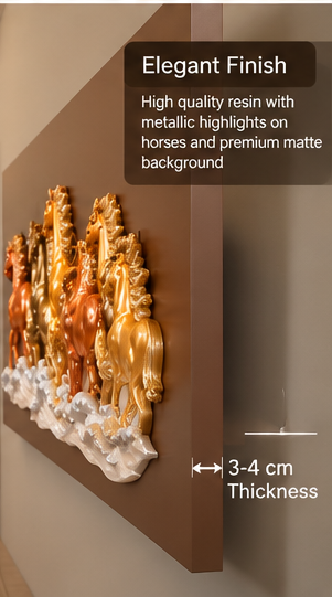 3D Seven Horses LED Wall Art in copper and gold with illuminated sun, 70 x 140 cm - side profile showing the 3 to 4 cm panel thickness