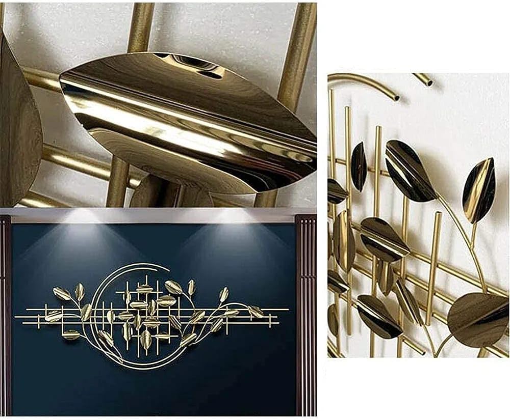 Golden Grids & Leaves - Modern Abstract Metal Wall Sculpture