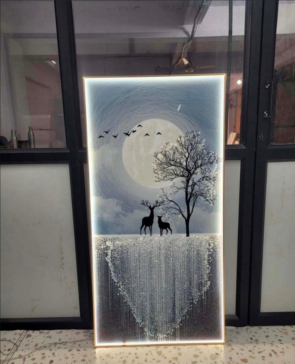 Moonlit Serenade LED Crystal Wall Art – Deer & Waterfall Edition