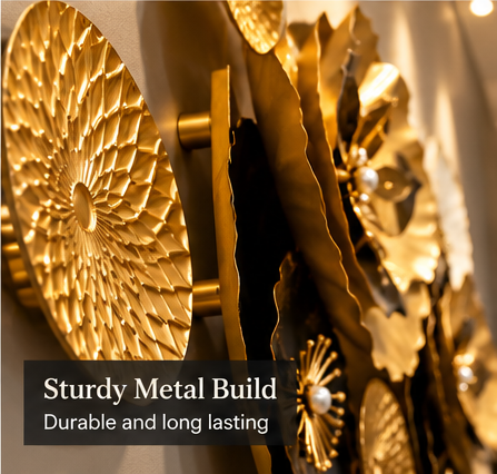Gold, black and white ruffled floral disc metal wall art with pearl centres, 150 x 70 cm - detail view 4