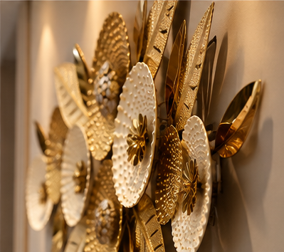 Gold and ivory beaded disc metal wall art, 150 x 65 cm - detail view 5