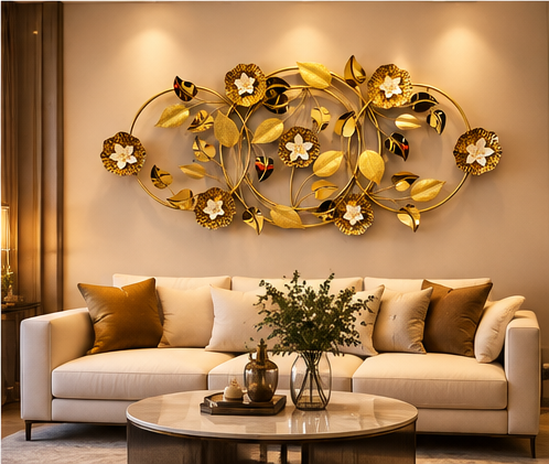 Gold ring and porcelain flower metal wall art, 150 x 50 cm - detail view 5
