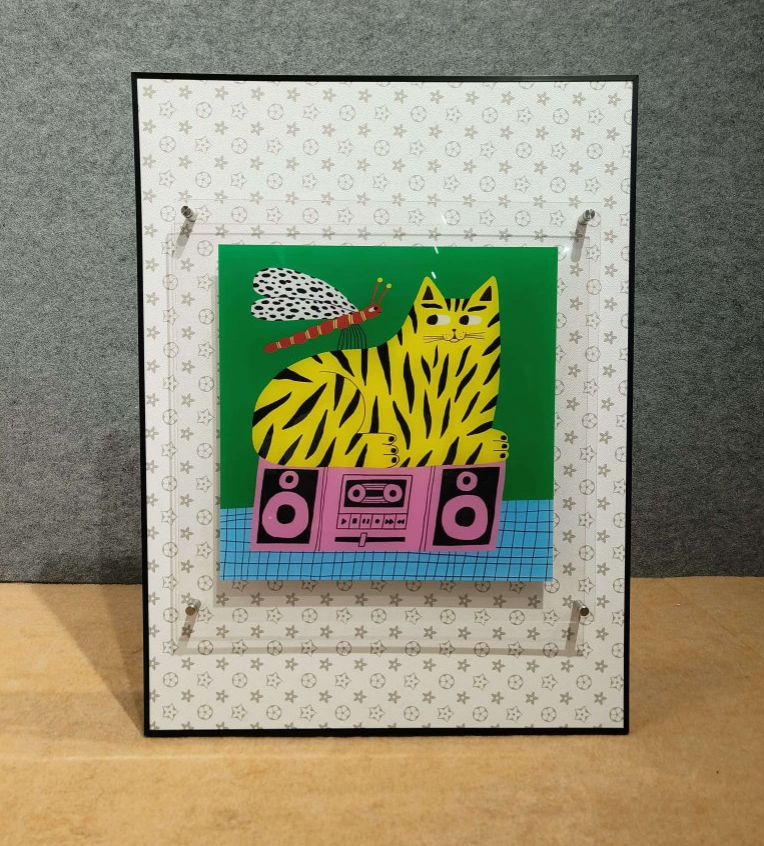 Boombox Kitty: Groovy Cat & Dragonfly Framed Wall Art