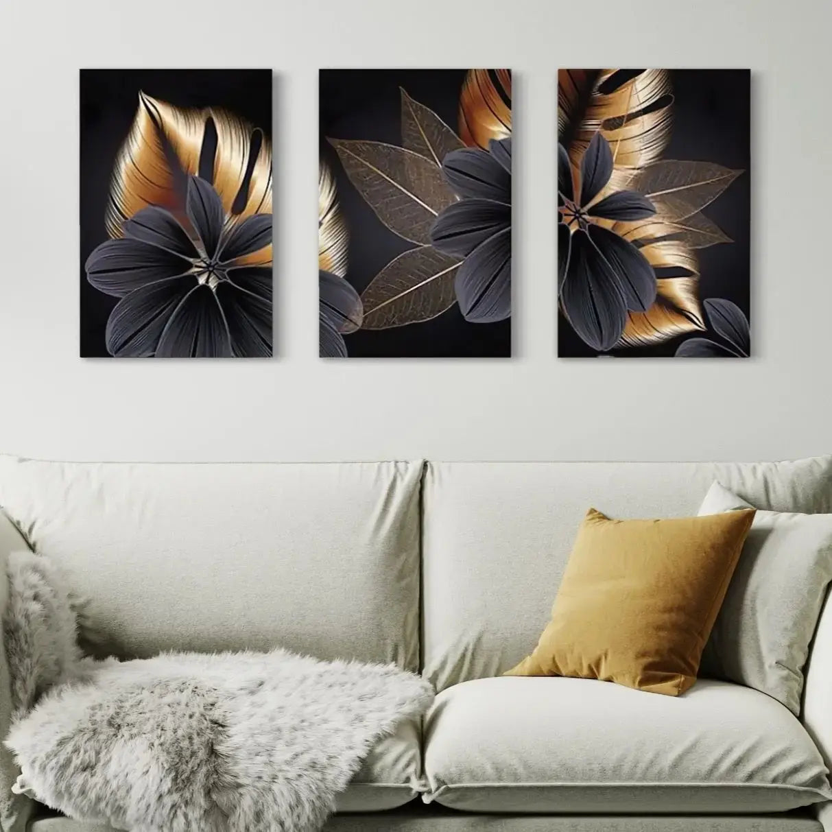 Premium Golden & Black Floral Wall Art – Modern and Luxurious Statement Piece