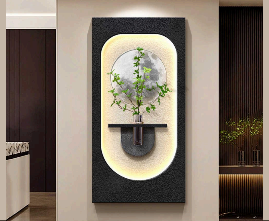 Lunar Serenity - Illuminated Modern Wall Art with Botanical Touch