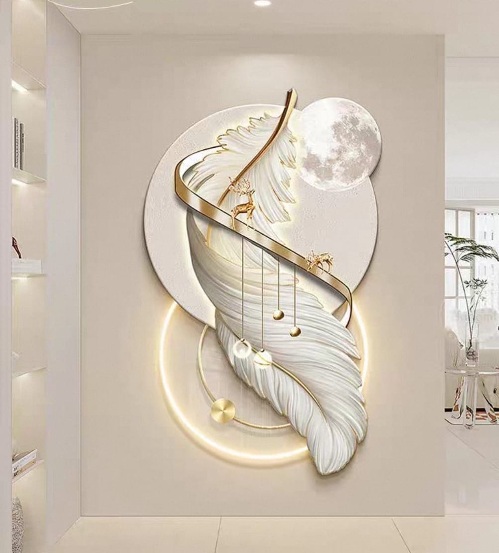Luxurious Feather & Full Moon 3D LED Wall Art
