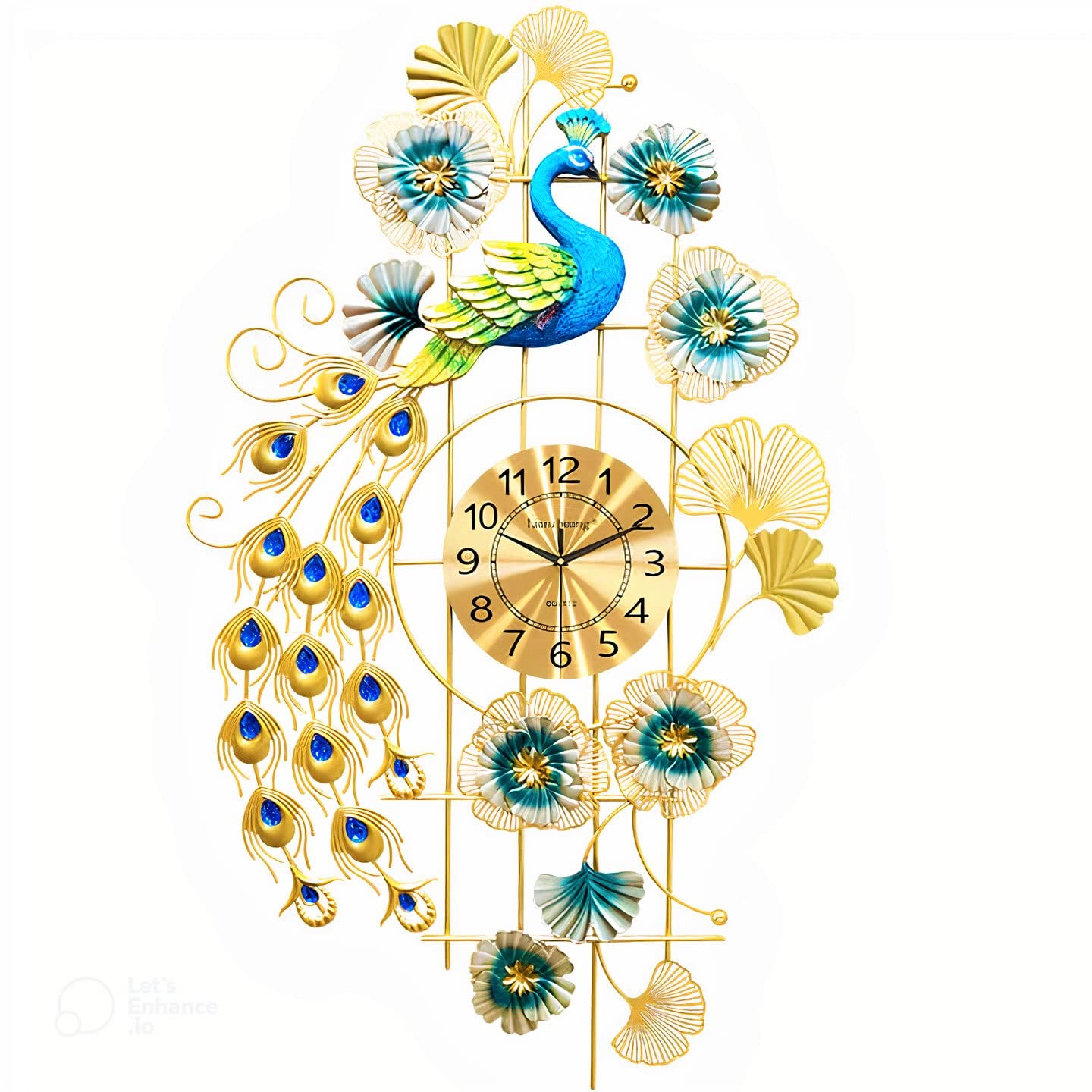 Premium Golden Peacock & Floral Horizontal Wall Clock – Elegant and Modern Statement Piece