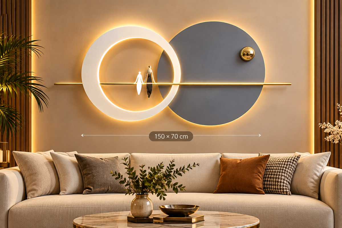 LED metal wall art with a backlit white ring, grey disc and couple silhouette, 150 x 70 cm