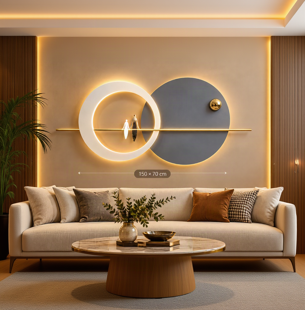 LED metal wall art with a backlit white ring, grey disc and couple silhouette, 150 x 70 cm