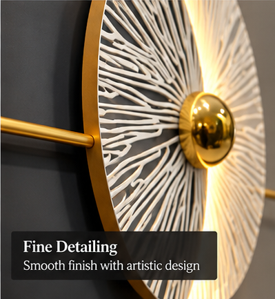 LED metal wall art with backlit charcoal disc, white sunburst texture and gold sphere, 150 x 70 cm - detail view 5