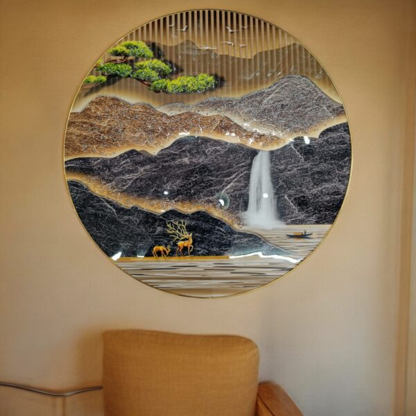 Mountain and Waterfall Round Crystal Wall Art for Classic Wall De