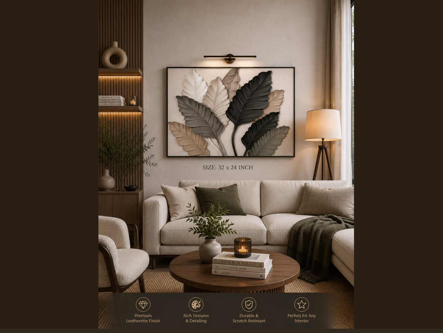 Monochrome Palms – Leatherette Gold-Foil Leaf Wall Art