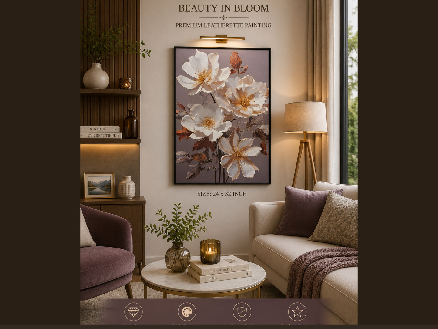 Rose Reverie – Leatherette Gold-Foil Floral Wall Art