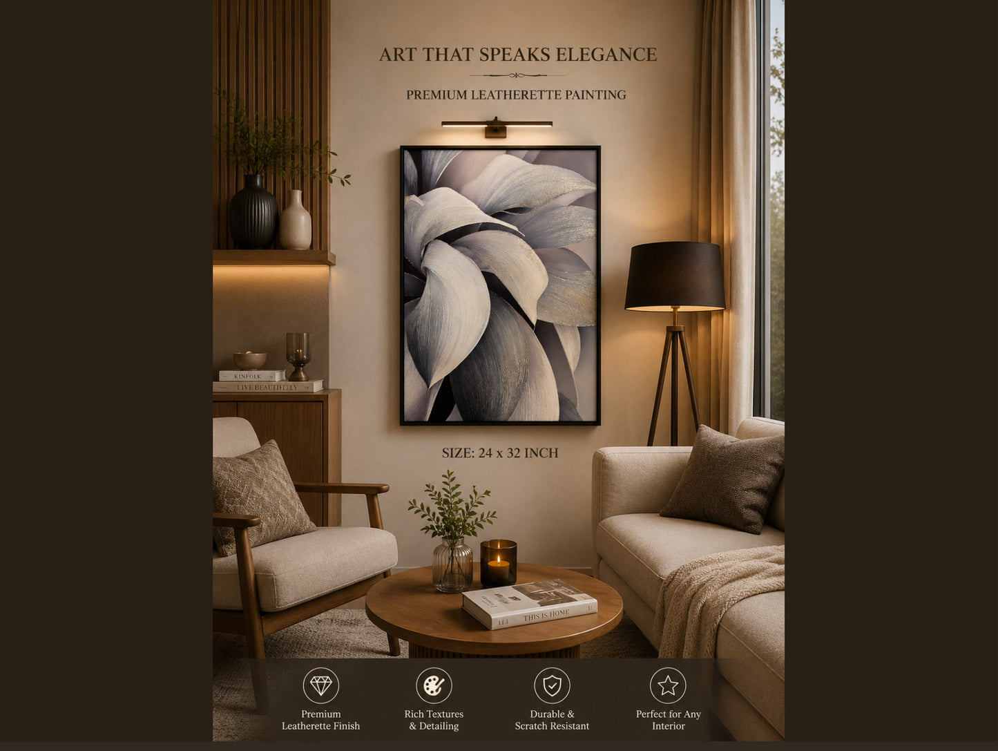 Magnolia Whisper – Leatherette Gold-Foil Floral Wall Art