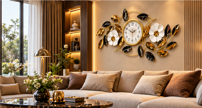 Black & Gold Floral Vine Metal Wall Clock 19 x 44 Inch