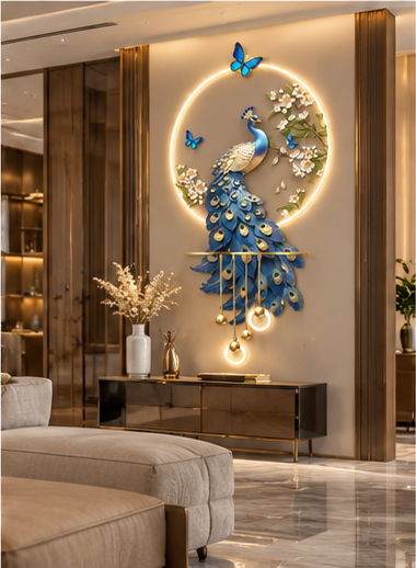 Royal blue peacock LED wall art with gold-eyed tail feathers, white blossoms and butterflies, 24 x 52 inch - styled in a living room