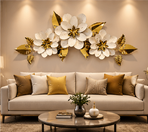 White and gold layered floral metal wall art, 146 x 56 cm - detail view 5