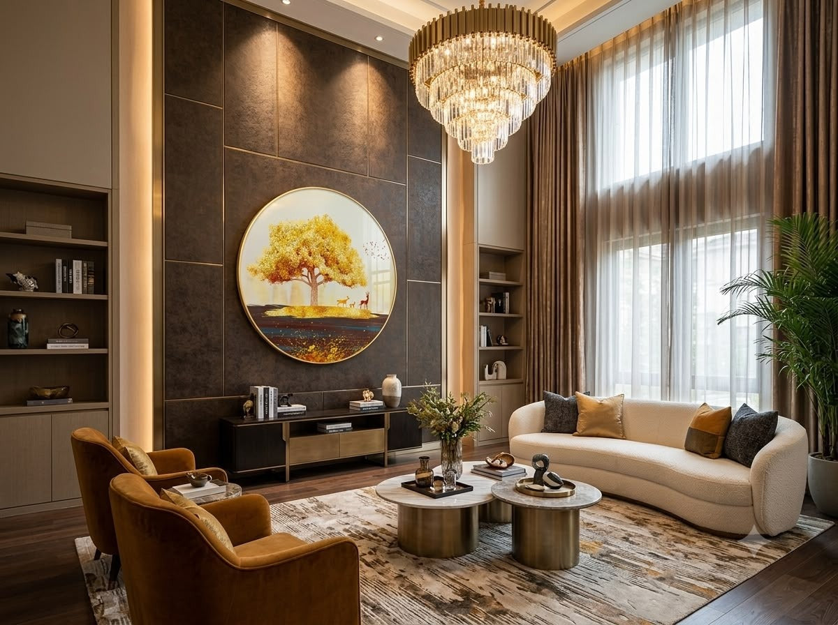 Golden tree round crystal glass wall art