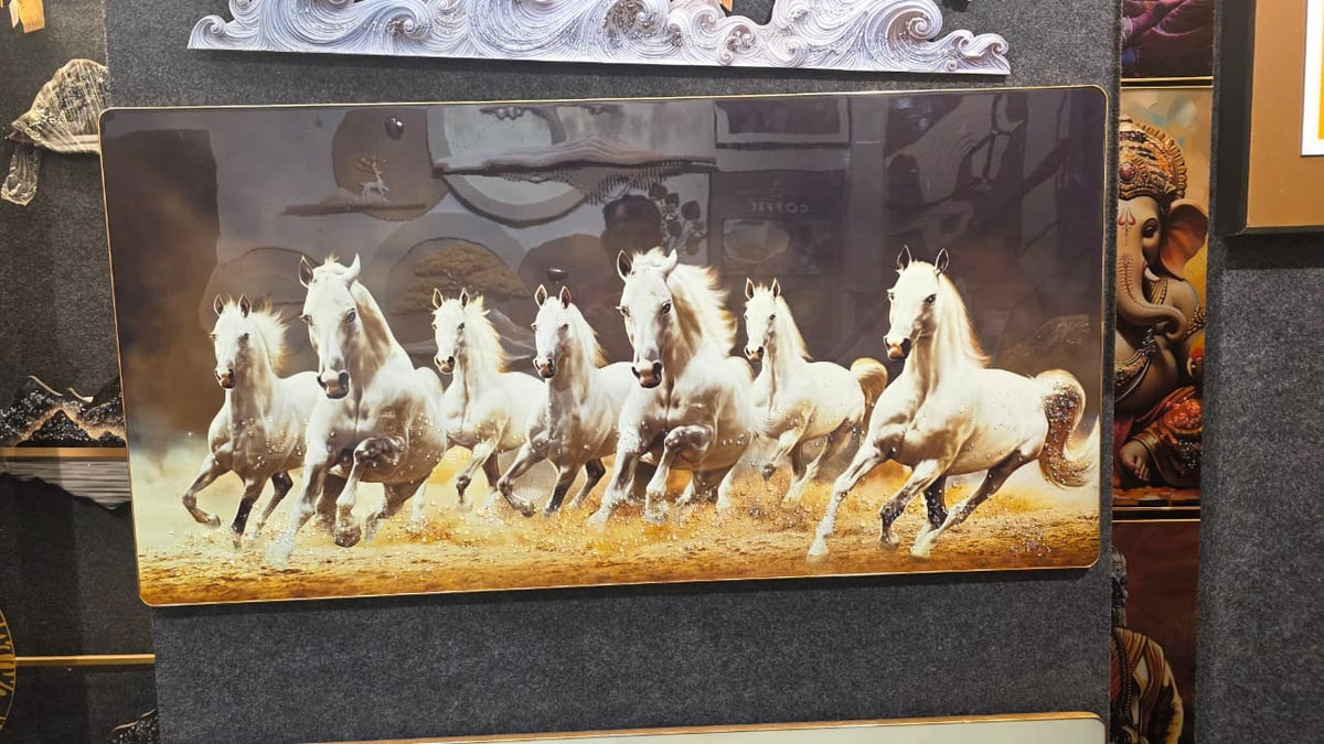 Seven white horses crystal glass wall art