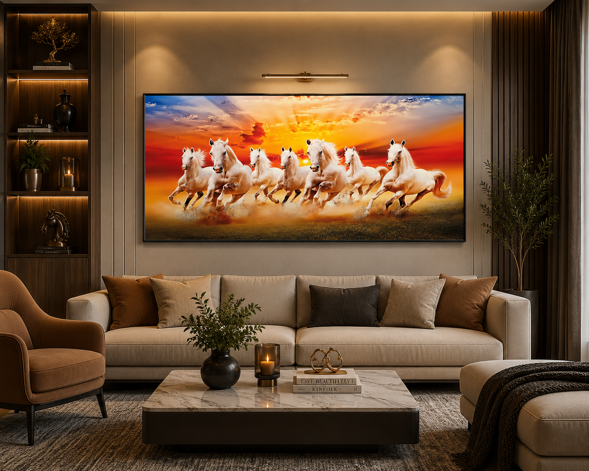 Seven white horses at sunset crystal glass wall art