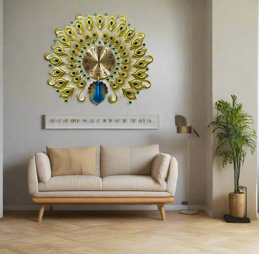 Luxurious Wall Clock with Peacock Feather Design