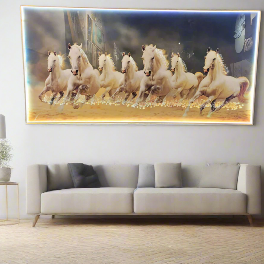 Seven Running Horses-1 Crystal Glass Painting with LED Light