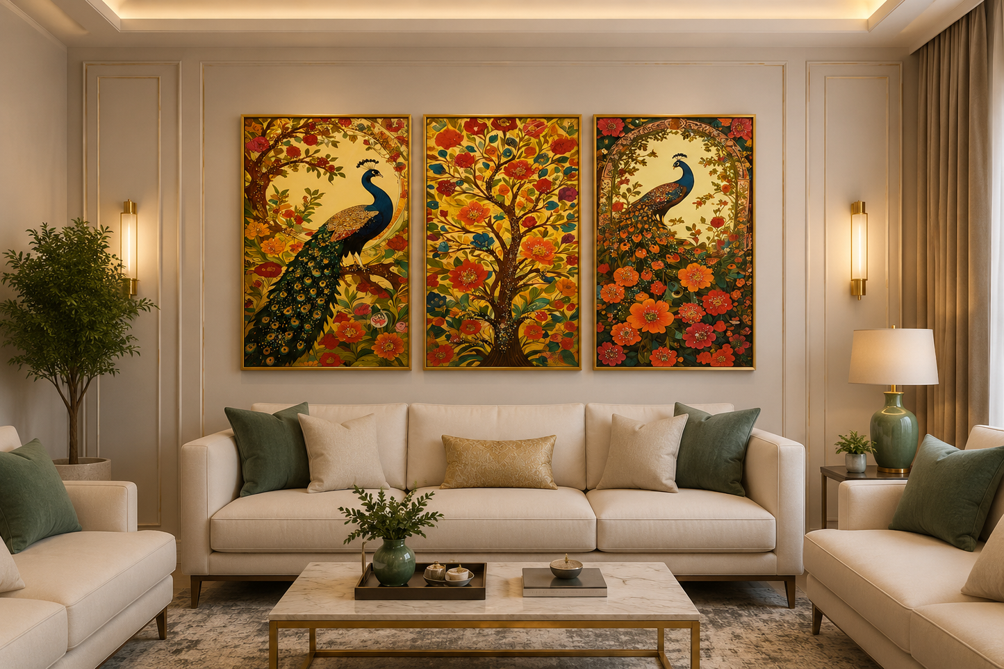 Peacock & Floral Tree Wall Art – Vibrant and Luxurious Statement