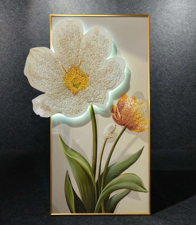 Premium Flower - 1 Crystal Glass Painting With LED Light For Wall Decor