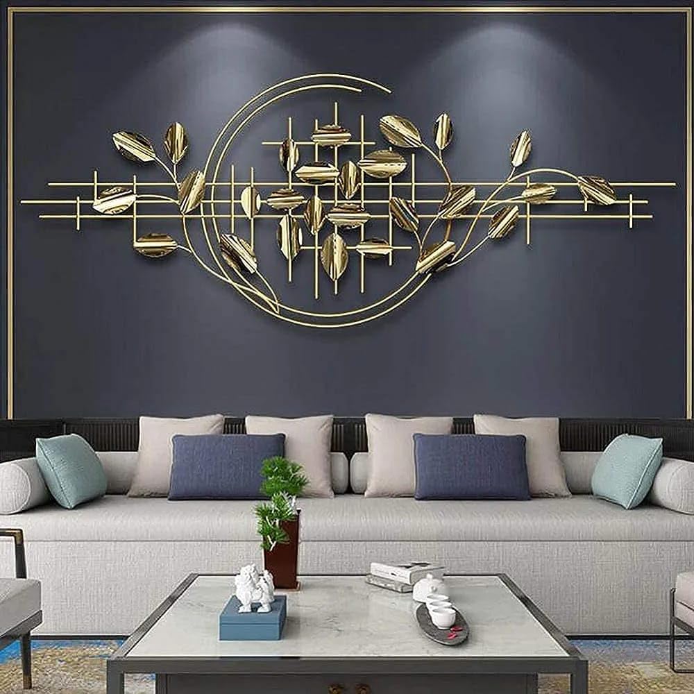 Golden Grids &amp; Leaves - Modern Abstract Metal Wall Sculpture