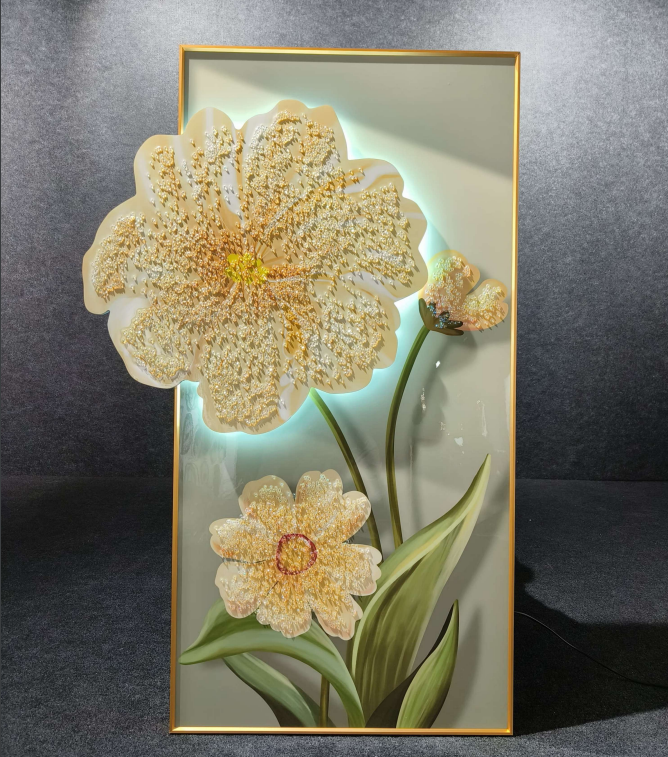 Premium Flower - 3 Crystal Glass Painting With LED Light For Wall Decor