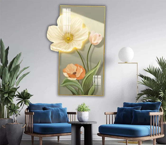 Premium Flower - 2 Crystal Glass Painting With LED Light For Wall Decor