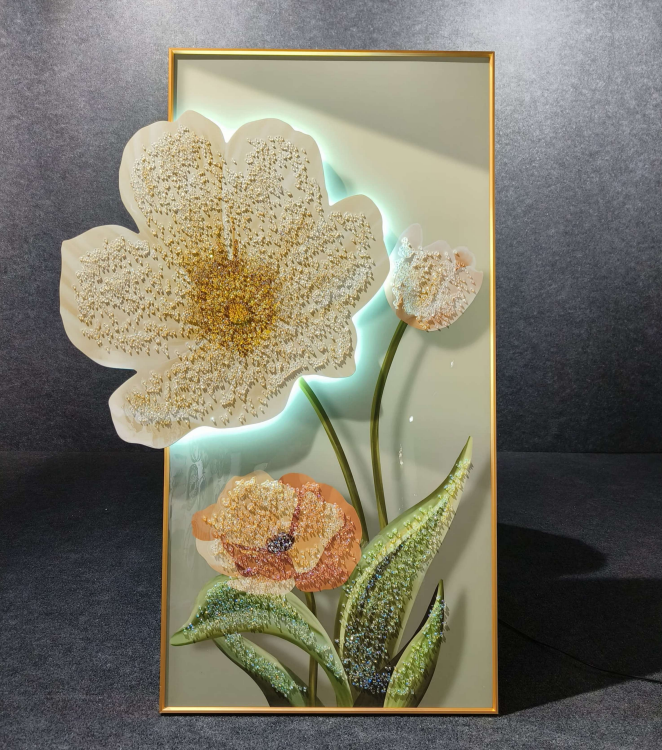 Premium Flower - 2 Crystal Glass Painting With LED Light For Wall Decor