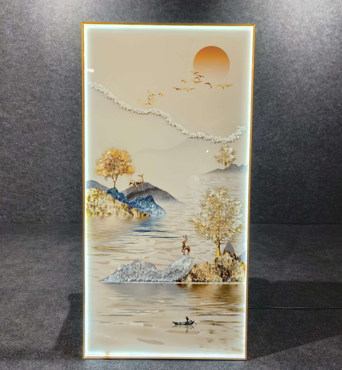 Modern Crystal Glass Painting with Metal Framing and LED Light