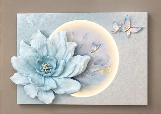 3D blue floral LED wall art with layered petals and butterflies