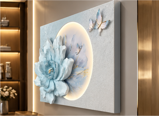 3D blue floral LED wall art with layered petals and butterflies - angled view showing the raised relief