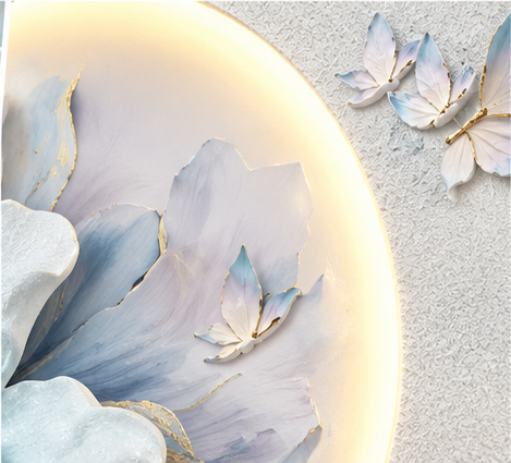 3D blue floral LED wall art with layered petals and butterflies - LED halo and butterfly detail