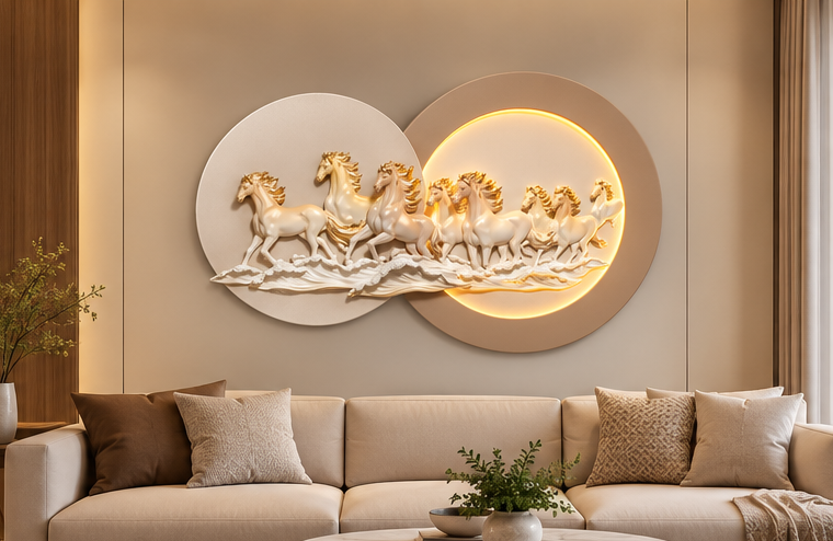 3D Galloping Horses LED Wall Art with warm LED halo, ivory and gold sculpted horses, 80 x 132 cm - styled above a beige sofa