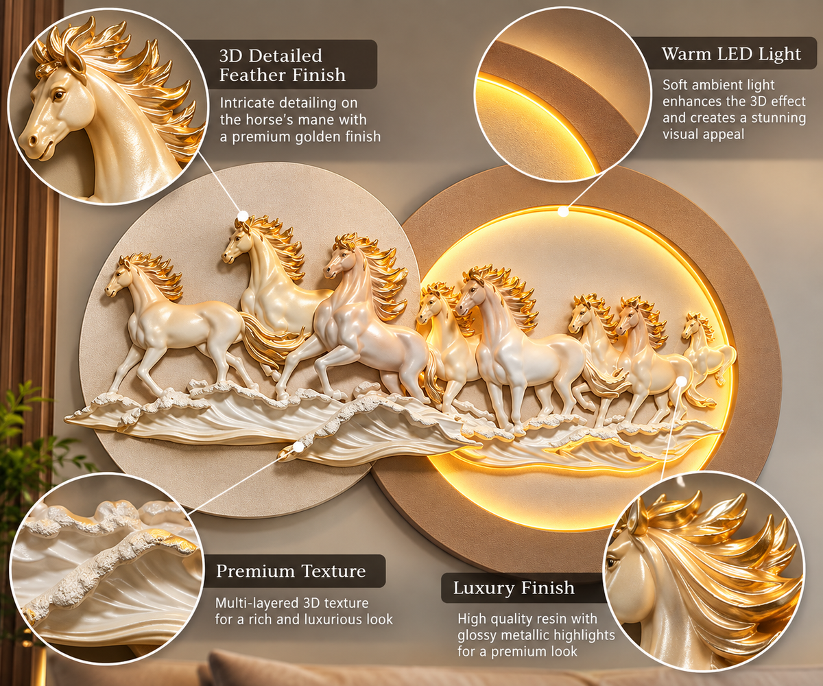 3D Galloping Horses LED Wall Art with warm LED halo, ivory and gold sculpted horses, 80 x 132 cm - feather mane detail, warm LED light and layered texture close-ups