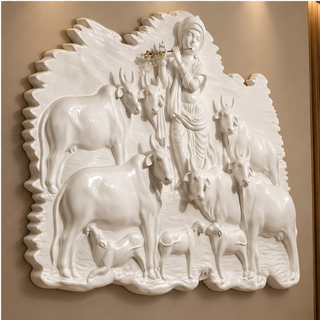 3D Krishna and cow relief wall art in glossy white, 46 x 54 inch - angled view showing the raised 3D relief