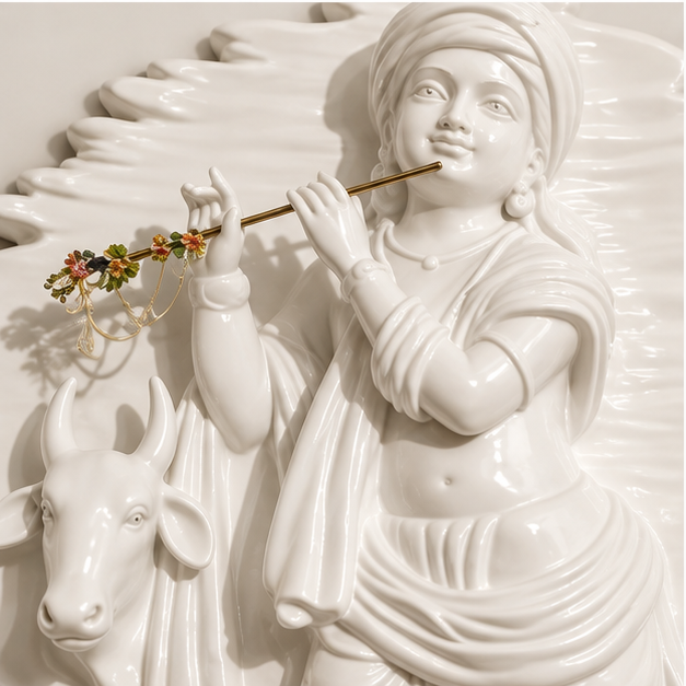 3D Krishna and cow relief wall art in glossy white, 46 x 54 inch - close-up of Krishna with the gilded flute