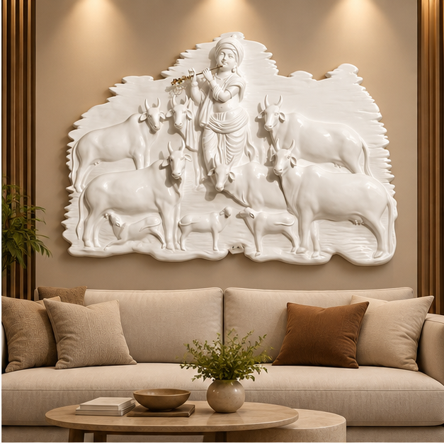 3D Krishna and cow relief wall art in glossy white, 46 x 54 inch - styled above a beige sofa