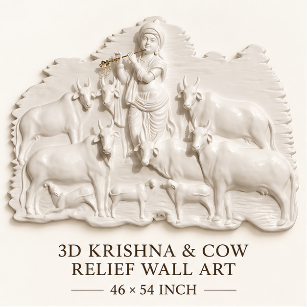 3D Krishna and cow relief wall art in glossy white, 46 x 54 inch - full panel with 46 x 54 inch size reference