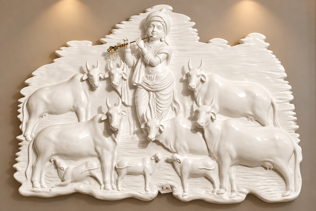 3D Krishna and cow relief wall art in glossy white, 46 x 54 inch