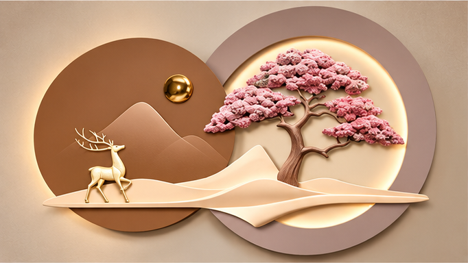 3D pink blossom and deer LED wall art on an oval backlit disc