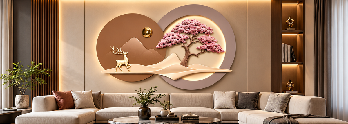 3D pink blossom and deer LED wall art on an oval backlit disc - styled above a living room sofa