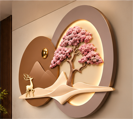 3D pink blossom and deer LED wall art on an oval backlit disc - angled view showing the raised relief
