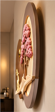 3D pink blossom and deer LED wall art on an oval backlit disc - side view showing the depth of the discs