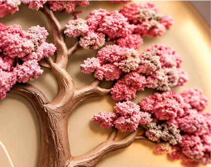 3D pink blossom and deer LED wall art on an oval backlit disc - close-up of the pink blossom canopy